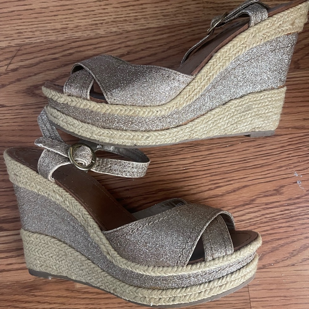 Womens Nine West Gold Glitter Espadrille Wedge Sandals